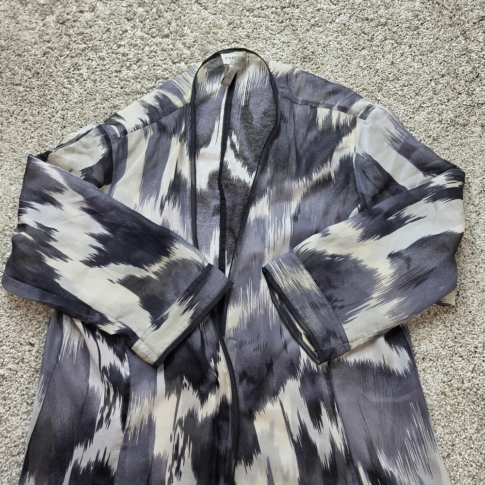 Chico's Coatigan Womens 2 Gray Kimono Open Collarless‎ Relaxed 100% Silk Crepe